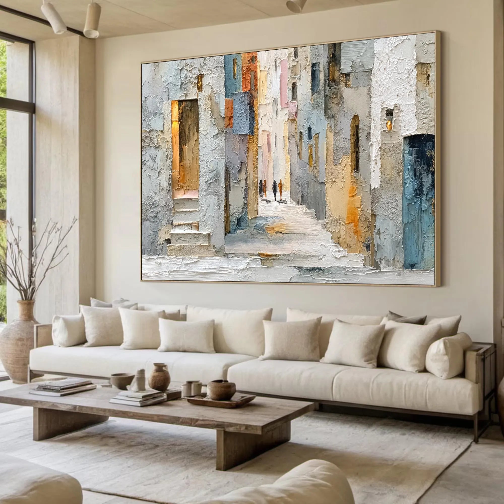 Cobblestone Path – Hand-Painted European Village Street Plaster Effect Palette Knife Cityscape Painting | Modern Abstract Living Room & Office Art