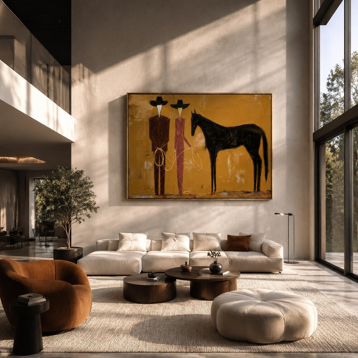 Whispers of the Wild – Avant-Garde Faceless Figures & Horse Textured Painting | Minimalist Luxury Living Room Art