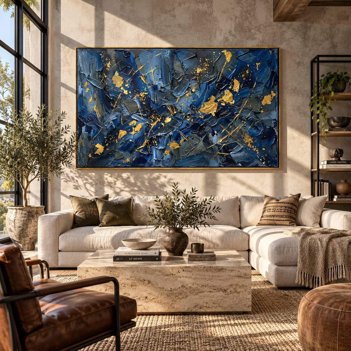 Gold Fractures Midnight Blue textured wall art shown above contemporary furnishings