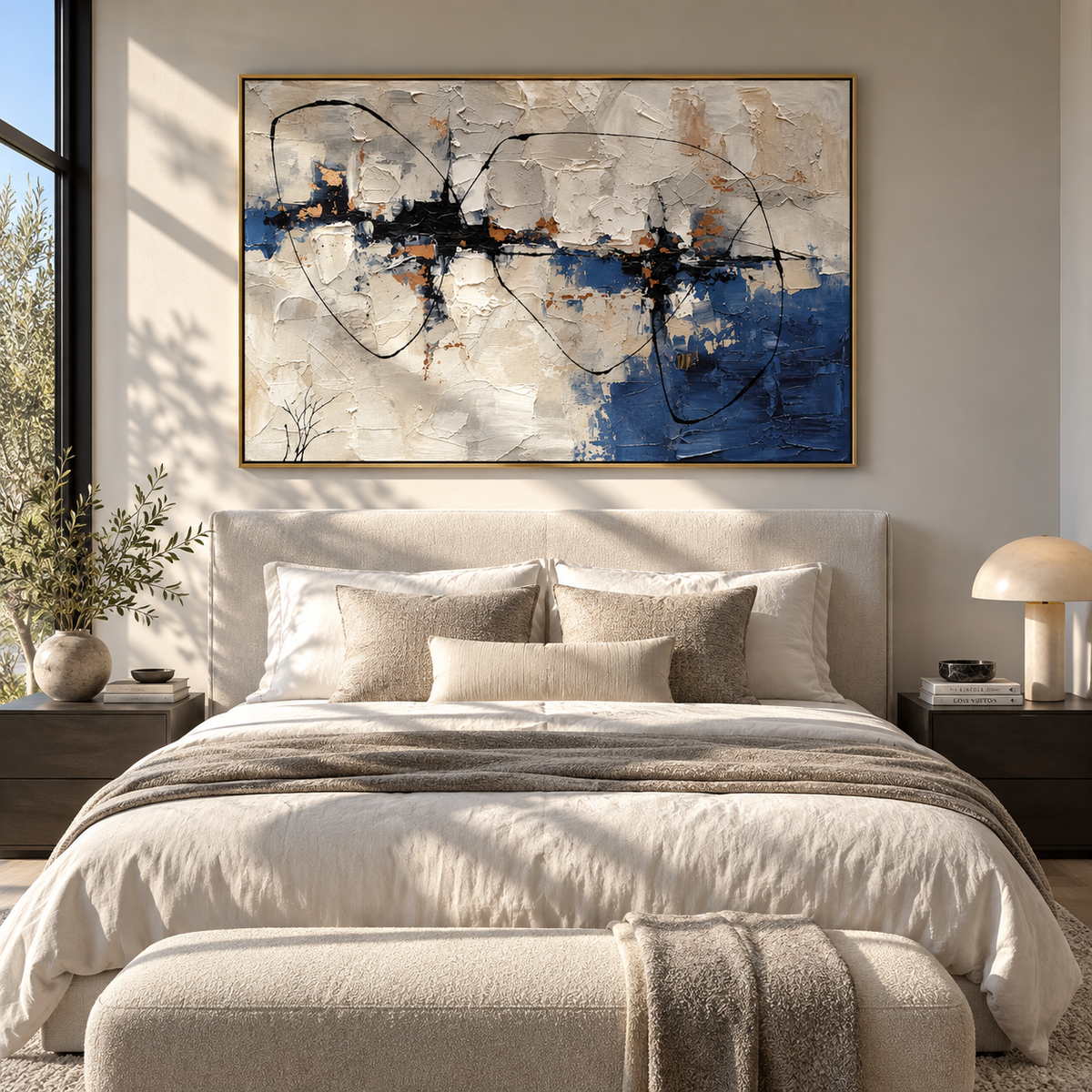 Black Lines Cross Silence blue white and black line textured abstract painting displayed in a modern interior