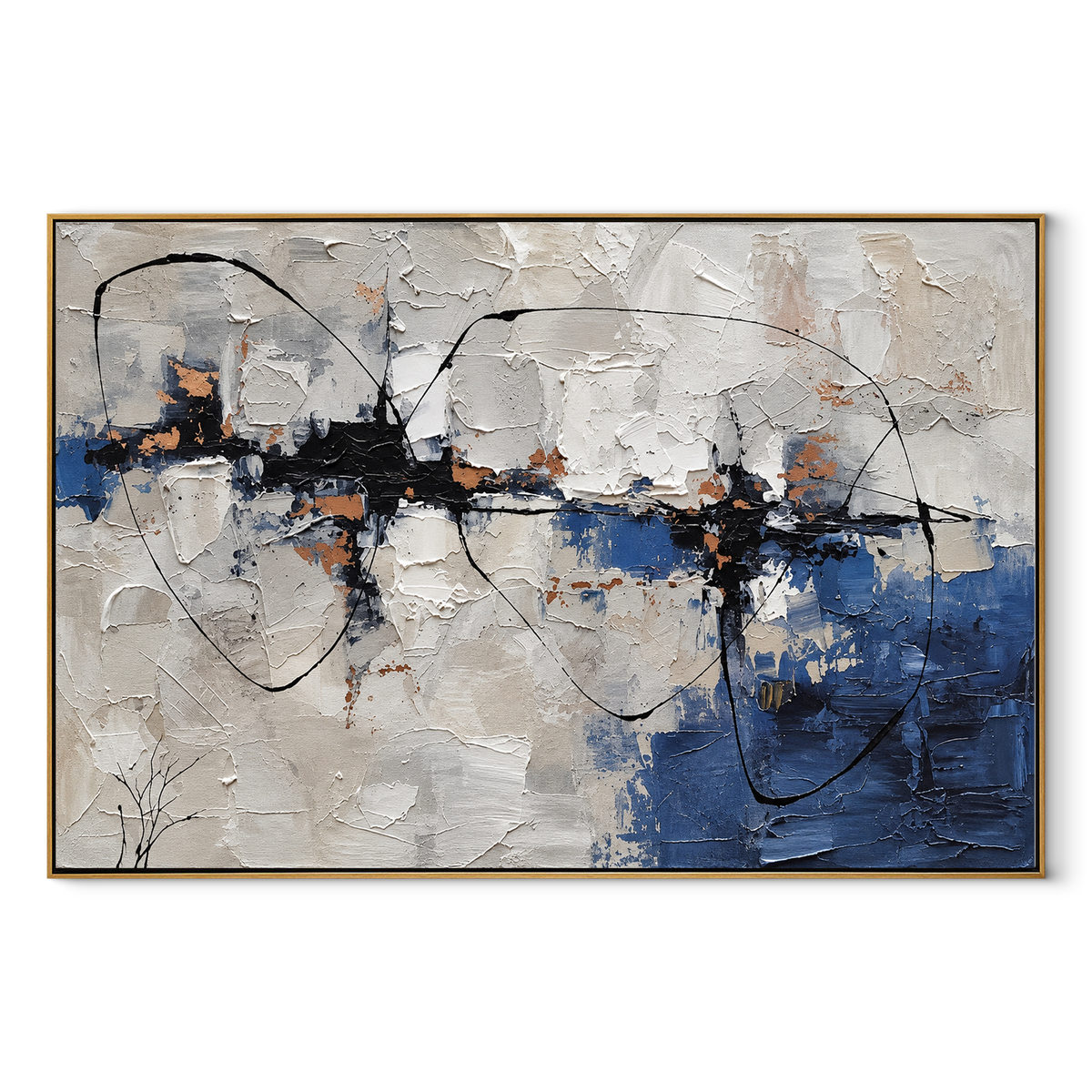 Black Lines Cross Silence horizontal canvas artwork in a wood frame on white
