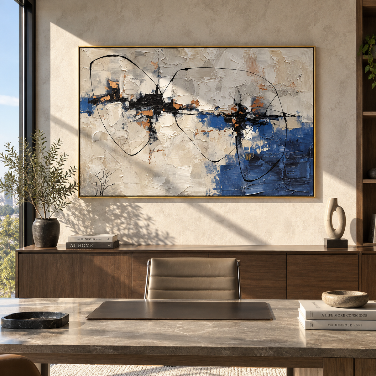 Black Lines Cross Silence displayed with natural materials and modern decor