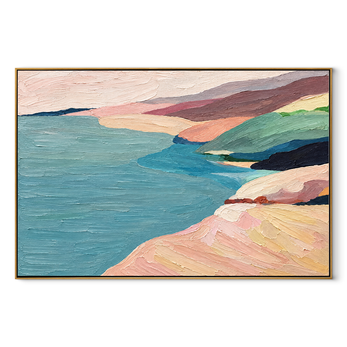 Pastel Shores Meet Water horizontal canvas artwork in a wood frame on white
