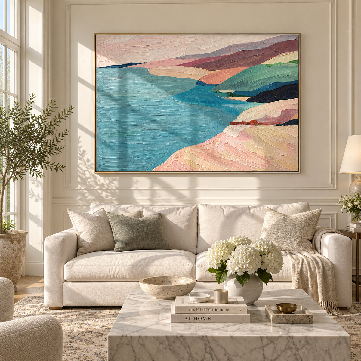 Pastel Shores Meet Water displayed with natural materials and modern decor