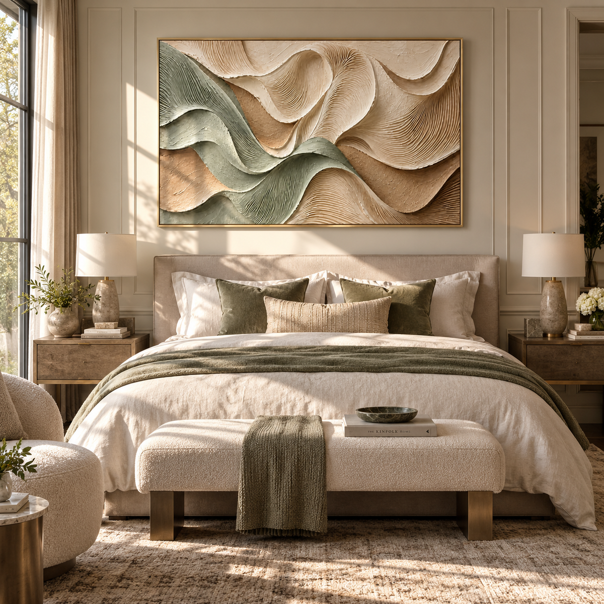 Sage Ribbons Fold Softly sage ivory layered relief painting displayed in a modern interior
