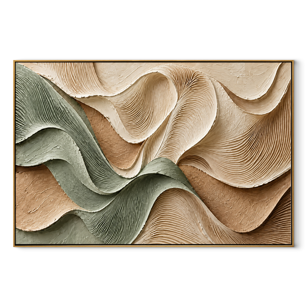 Sage Ribbons Fold Softly horizontal canvas artwork in a wood frame on white