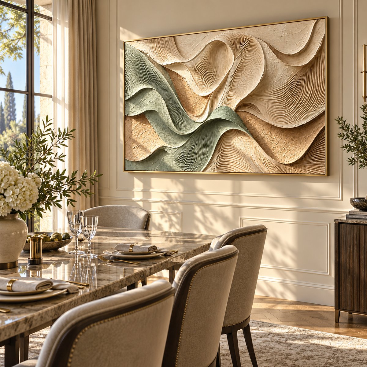 Sage Ribbons Fold Softly horizontal painting styled as a refined focal point