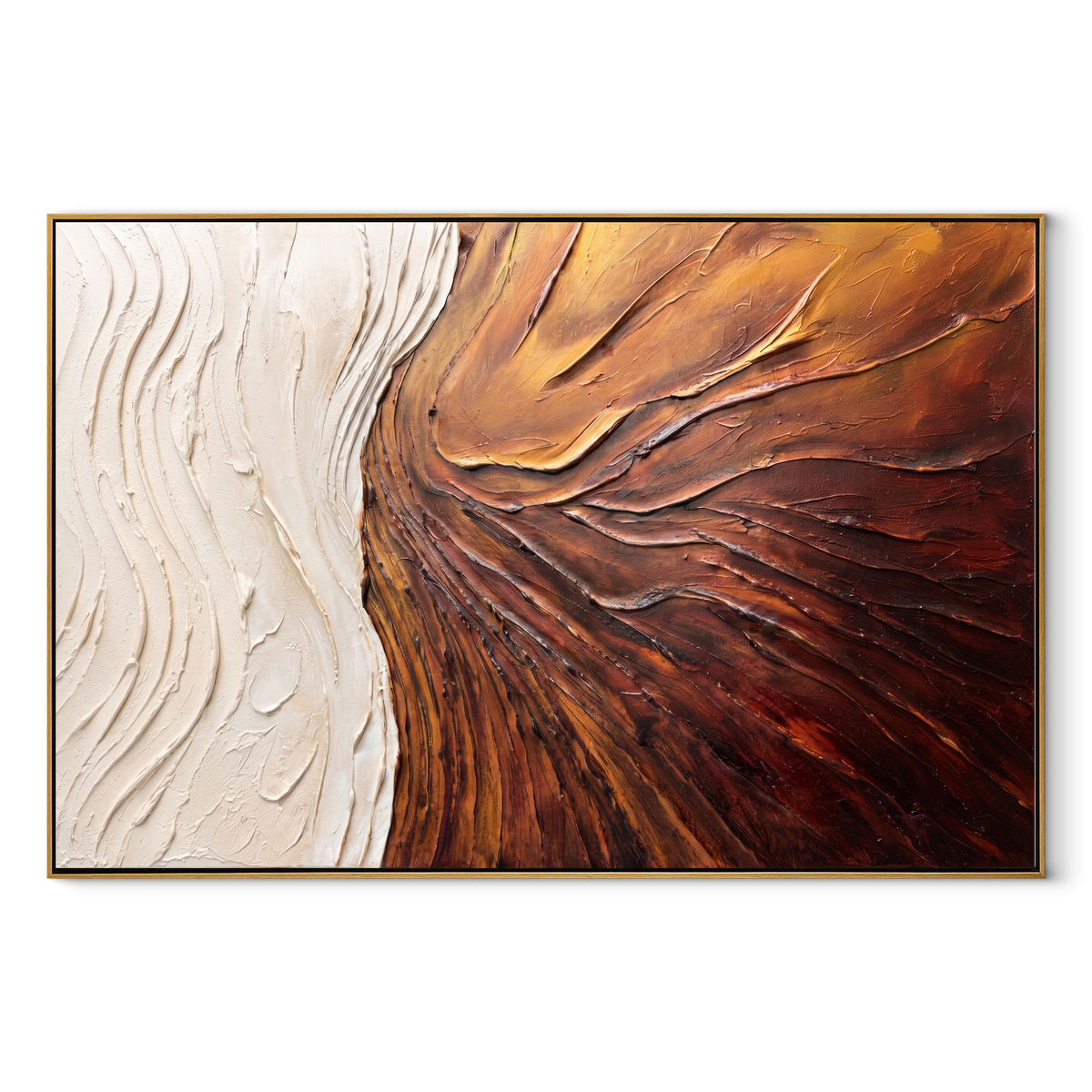 Copper Current Through Ivory horizontal canvas artwork in a wood frame on a white background