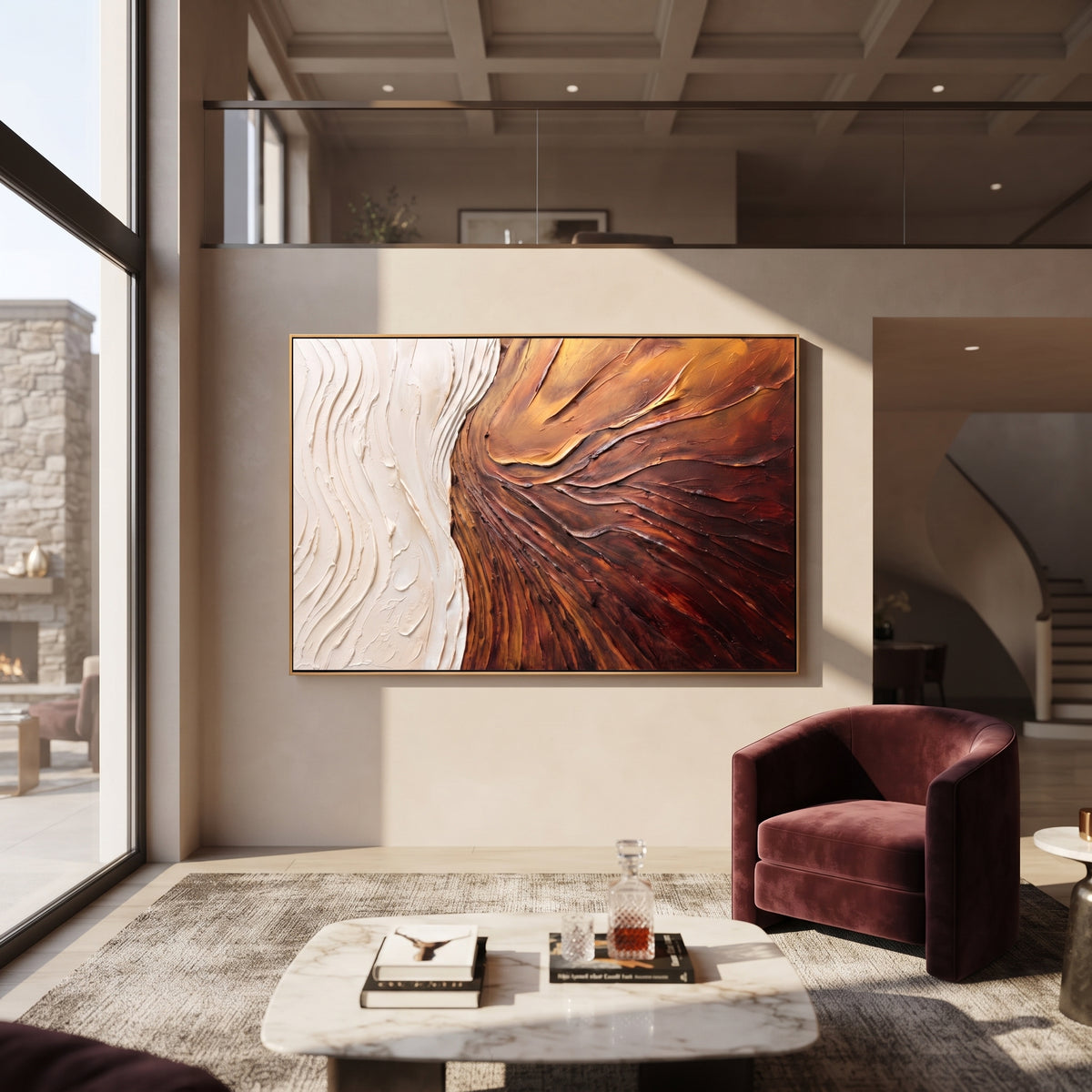 Copper Current Through Ivory textured wall art shown in a contemporary room setting