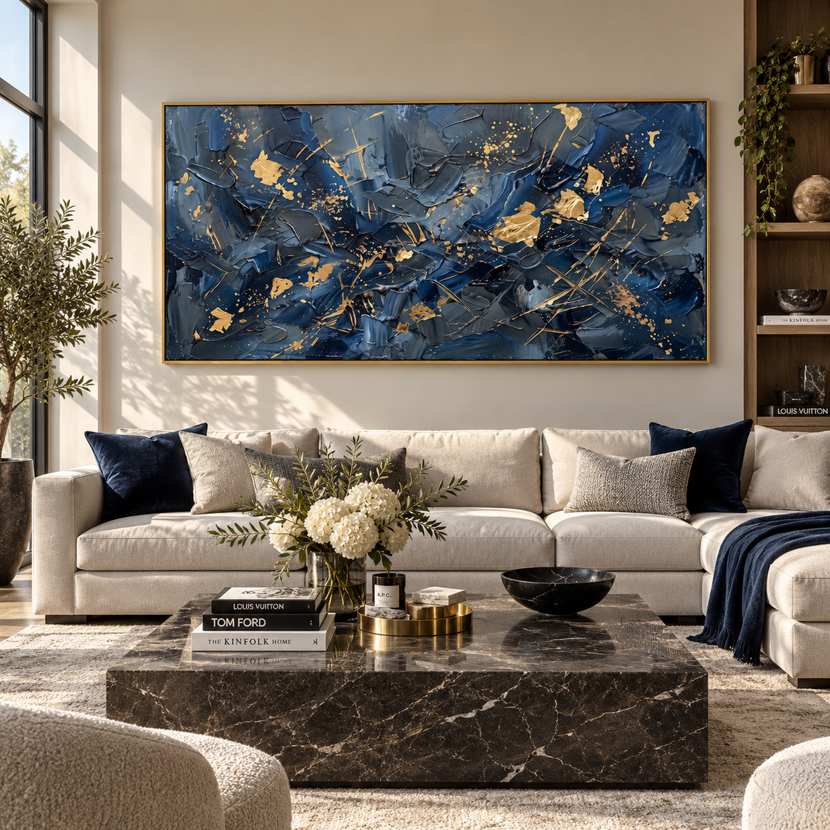 Gold Signals at Midnight navy gold abstract painting displayed in a styled interior