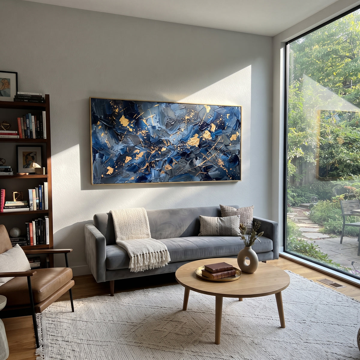 Gold Signals at Midnight artwork shown with modern interior materials