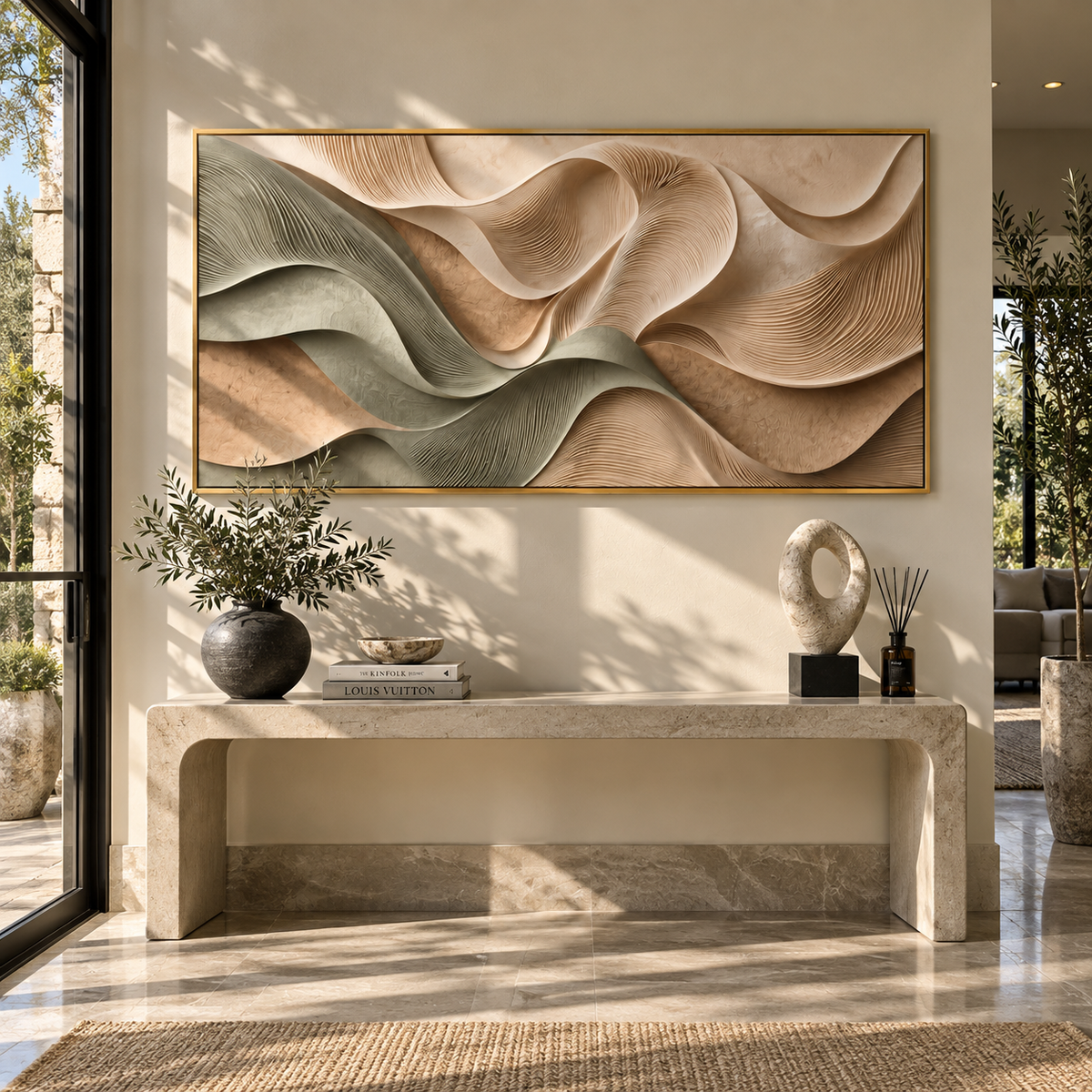 Sage Dunes at Rest sage beige layered wave painting displayed in a styled interior