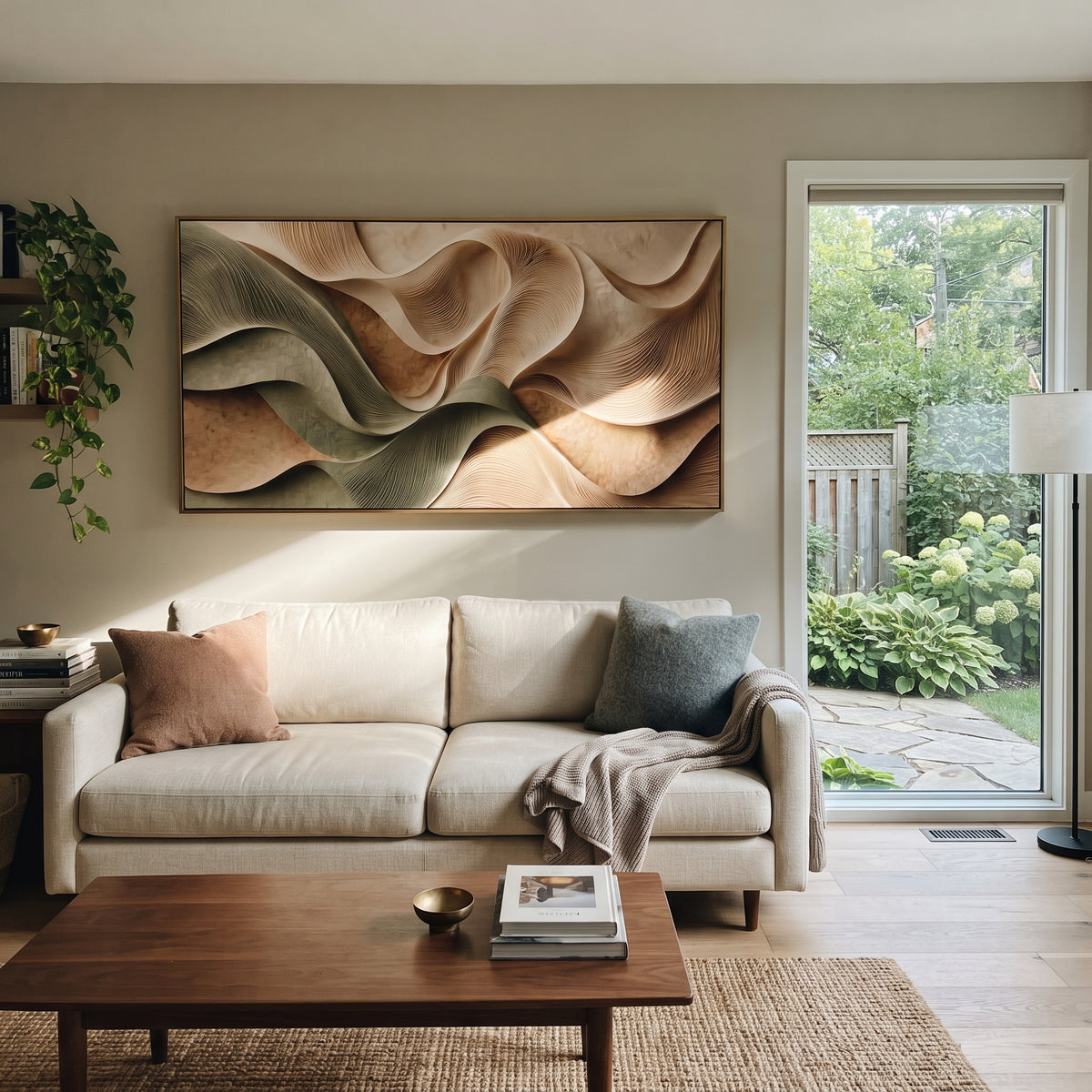 Sage Dunes at Rest artwork shown with modern interior materials