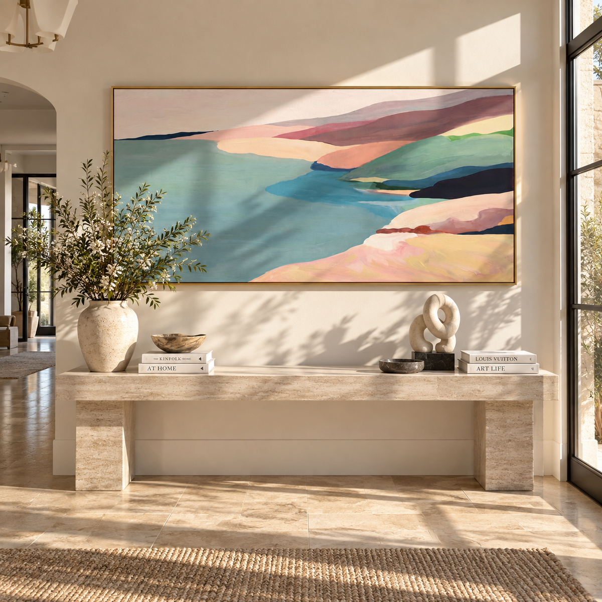 Coastline in Pastel Calm pastel coastal abstract painting displayed in a styled interior