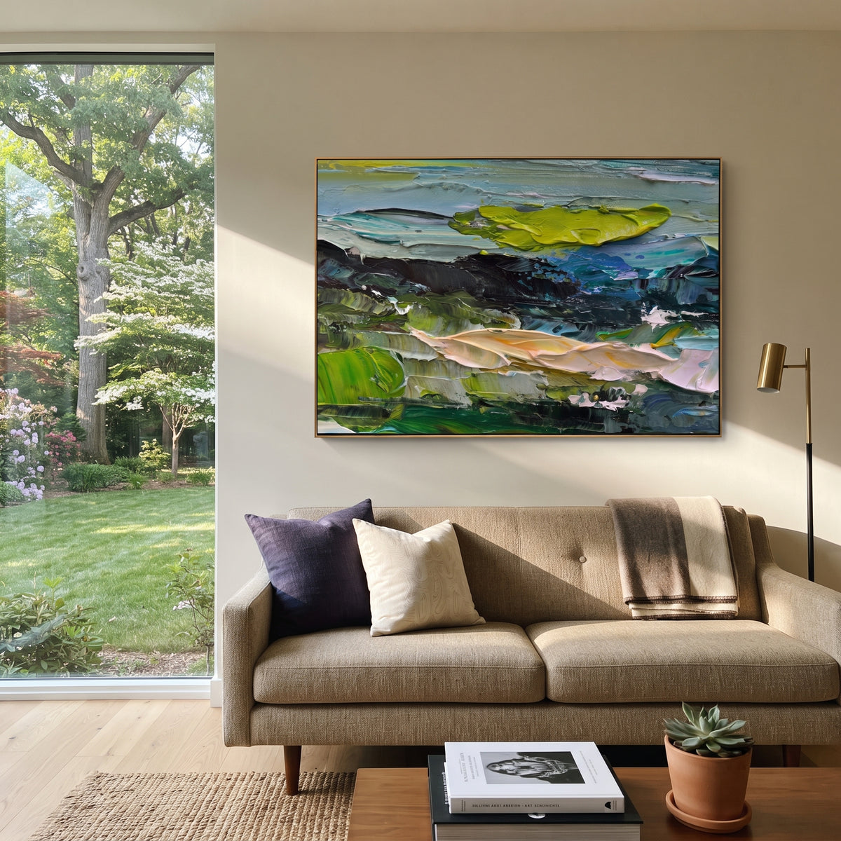 Green Tide Breaking green blue ocean texture painting displayed in a styled interior