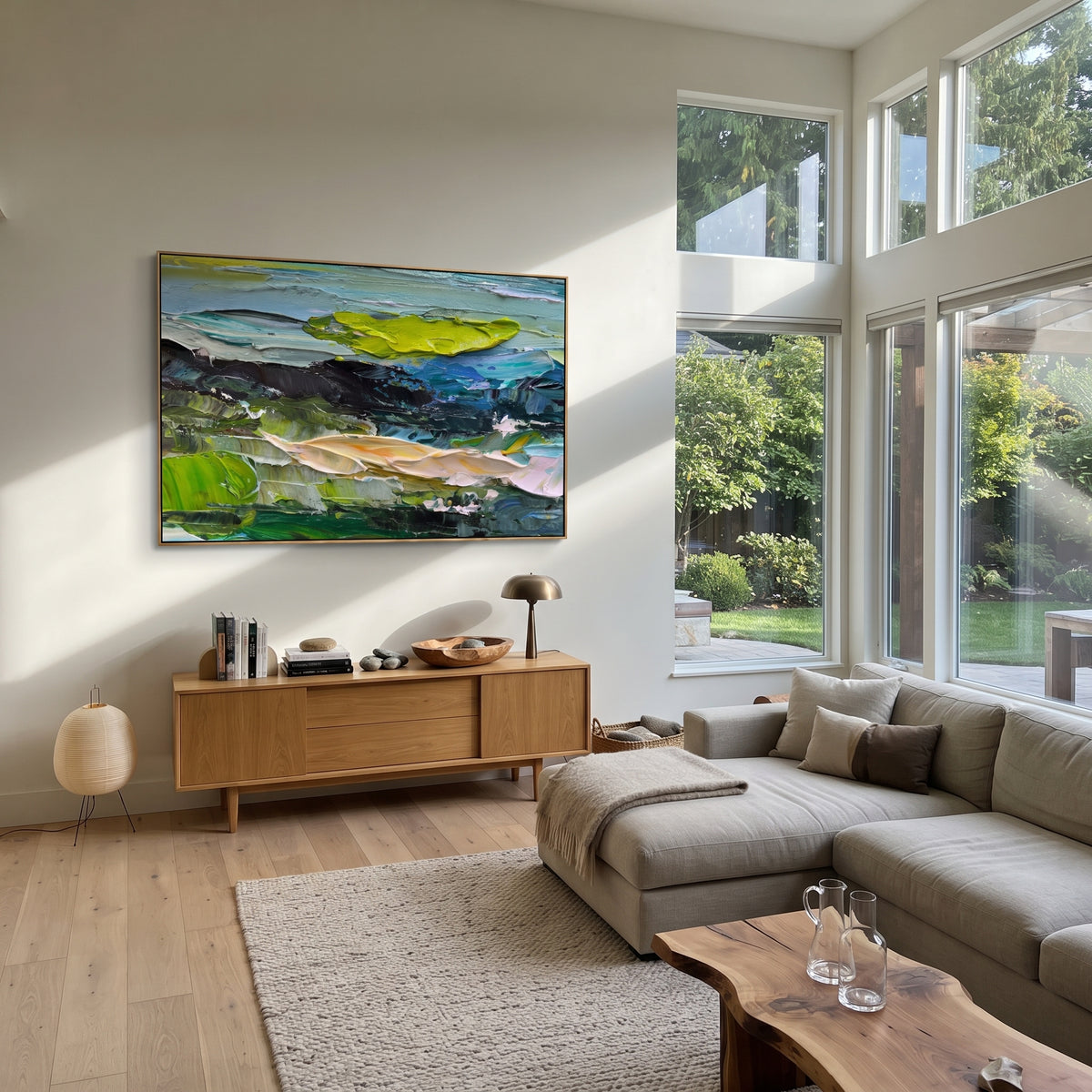 Green Tide Breaking textured wall art shown in a contemporary room setting