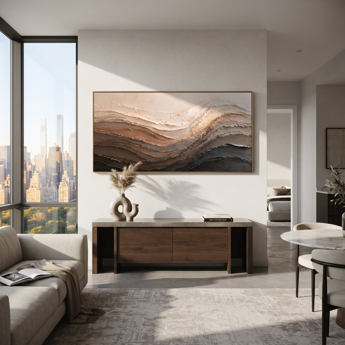 Desert Layers at Dawn textured wall art shown in a contemporary room setting