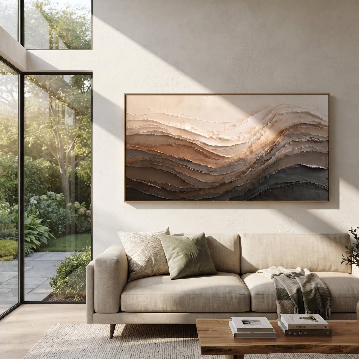 Desert Layers at Dawn artwork shown with modern interior materials