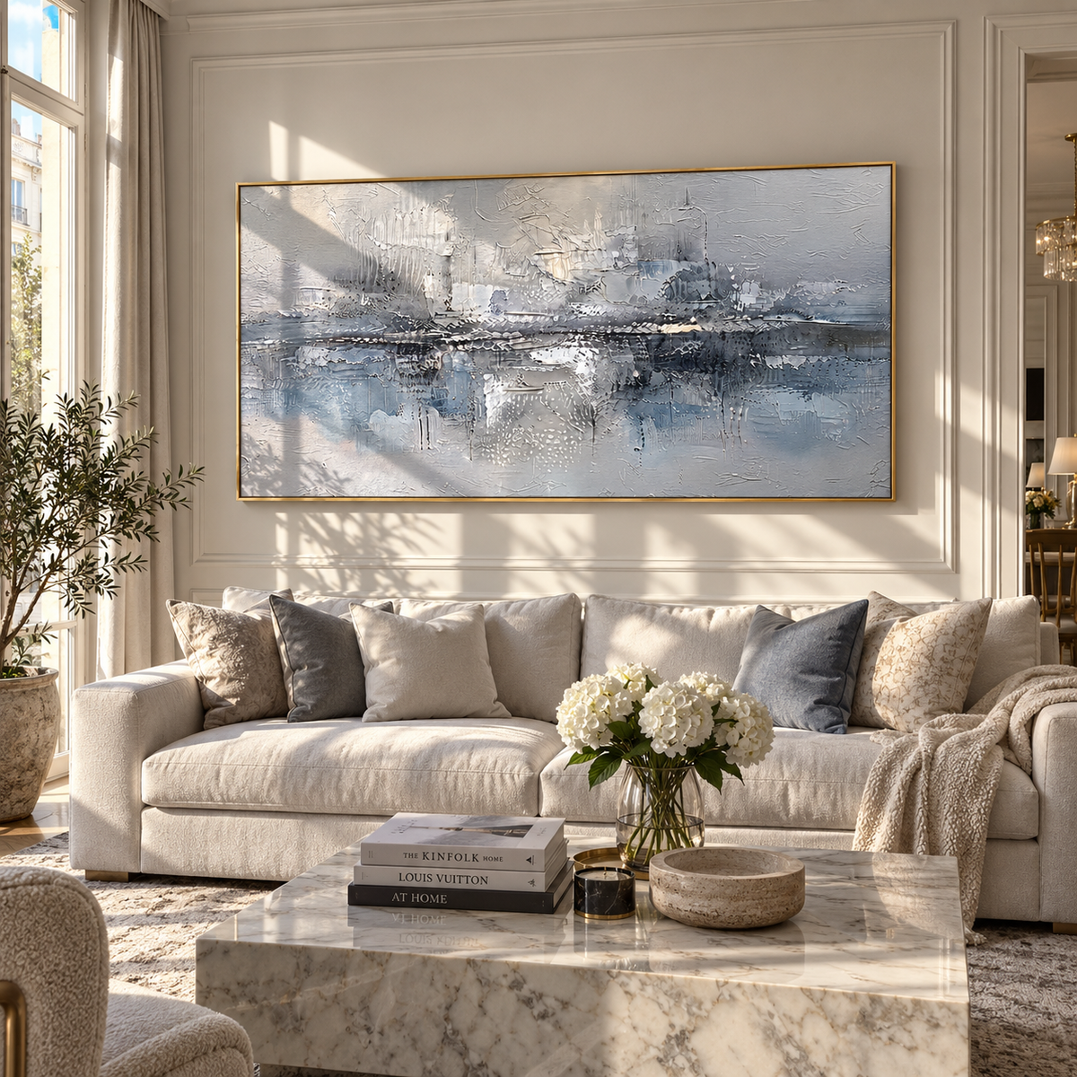 Silver Harbor in Fog artwork shown with modern interior materials