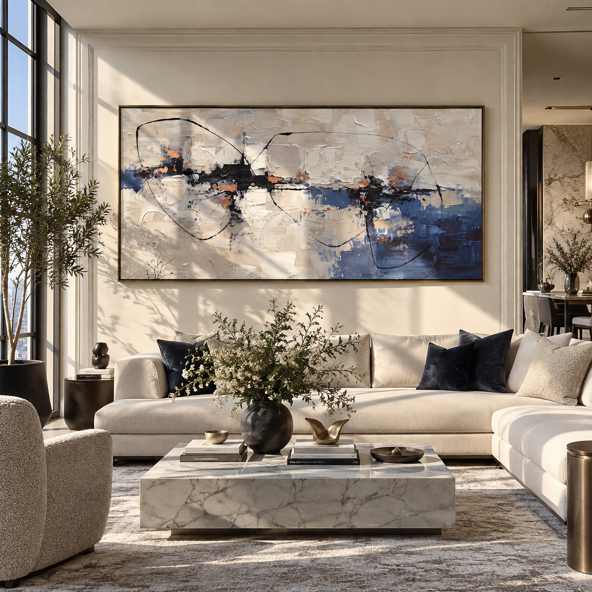 Blue Line Across Stone navy neutral linear abstract painting displayed in a styled interior