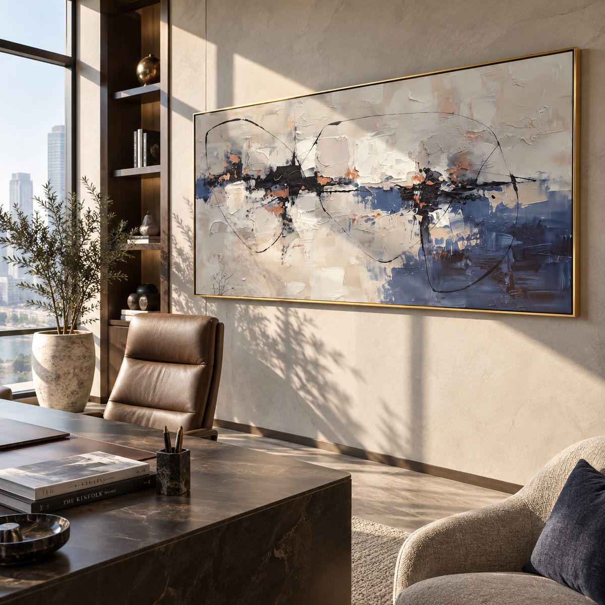 Blue Line Across Stone textured wall art shown in a contemporary room setting