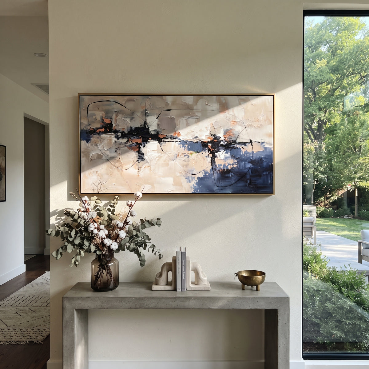 Blue Line Across Stone horizontal painting displayed as a room focal point