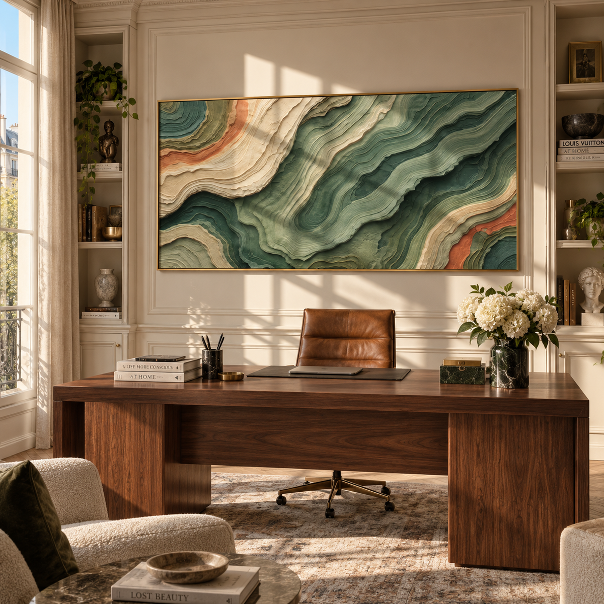 Terracotta Ridges Unfold horizontal painting displayed as a room focal point