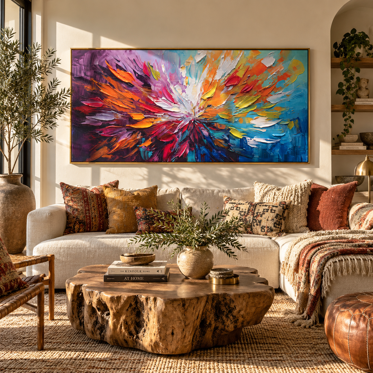 Color Bursts Outward colorful burst abstract painting displayed in a styled interior