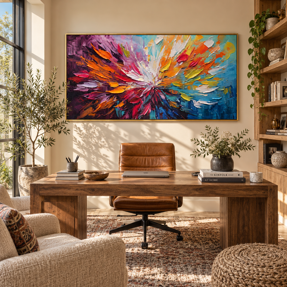 Color Bursts Outward textured wall art shown in a contemporary room setting