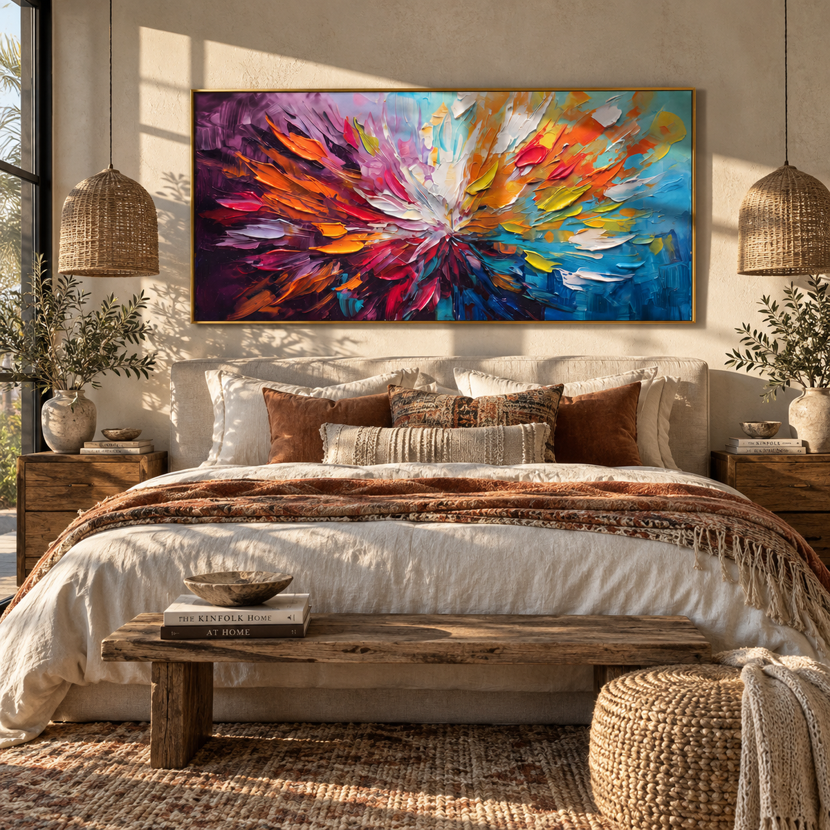 Color Bursts Outward horizontal painting displayed as a room focal point