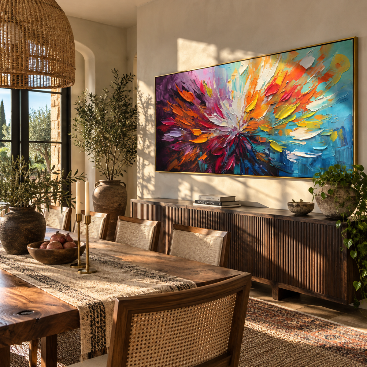 Color Bursts Outward artwork shown with modern interior materials
