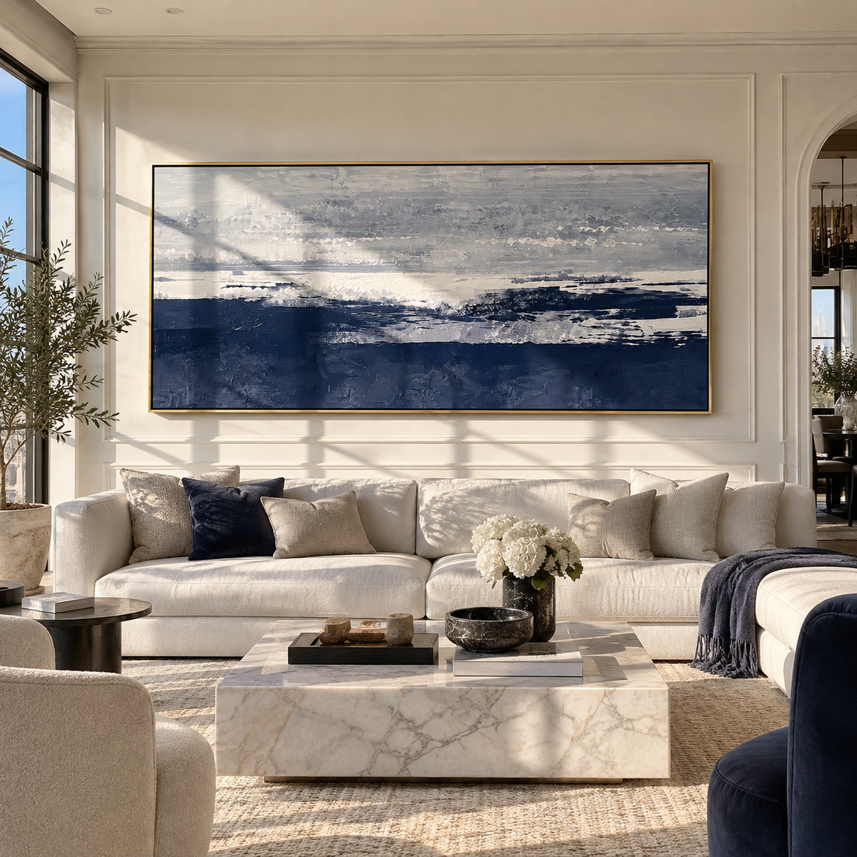 Winter Horizon at Night navy grey horizon painting displayed in a styled interior