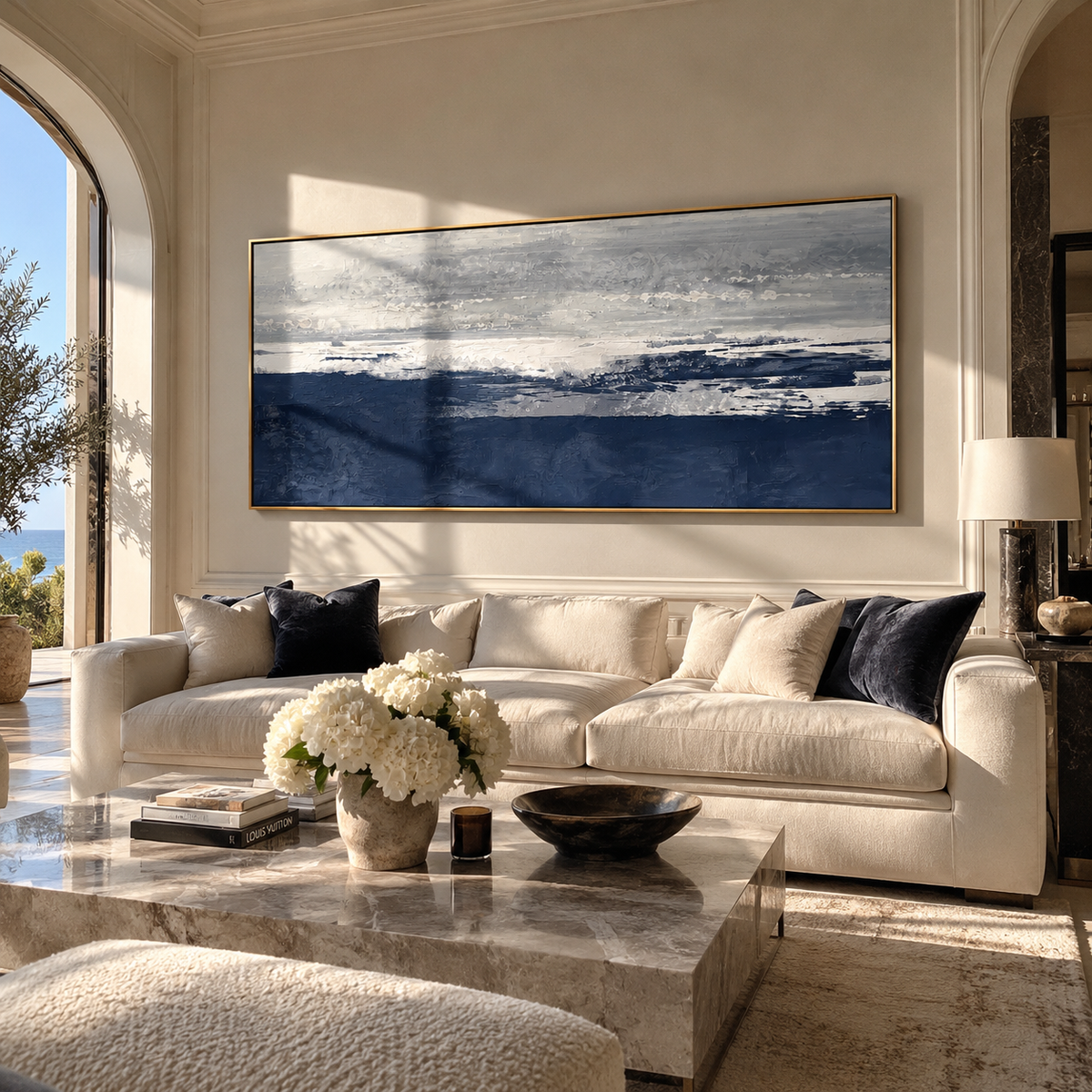 Winter Horizon at Night artwork shown with modern interior materials