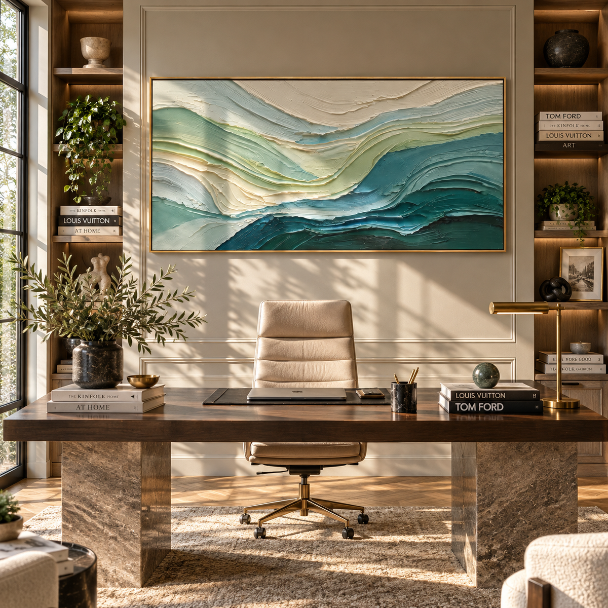 Sea Glass Tides textured wall art shown in a contemporary room setting