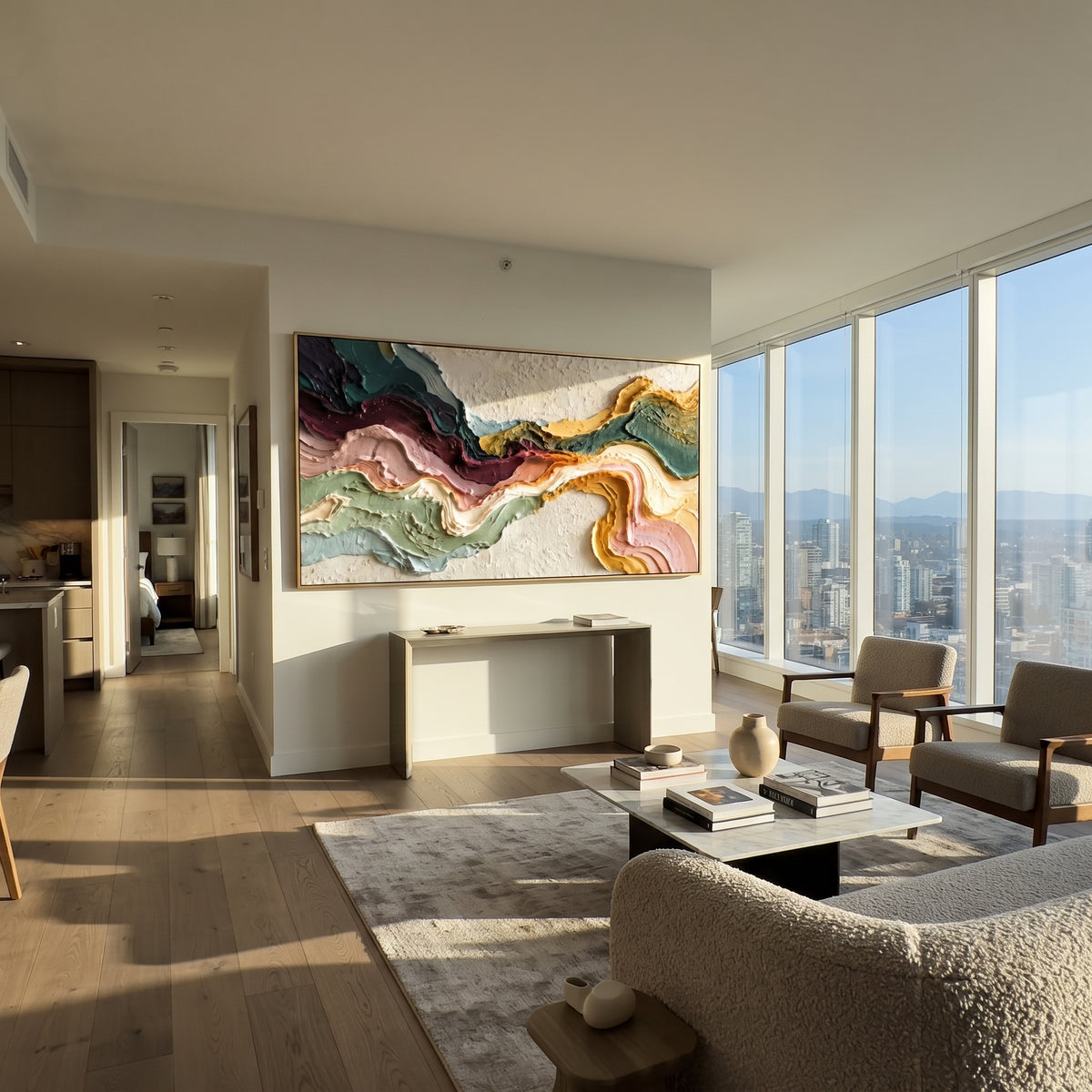 Ribbons Cross the Quiet colorful ribbon relief painting displayed in a styled interior
