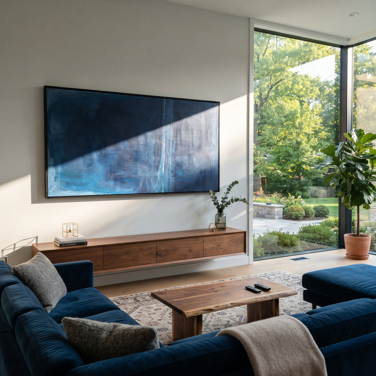 Cobalt Divide at Dusk horizontal painting displayed as a room focal point