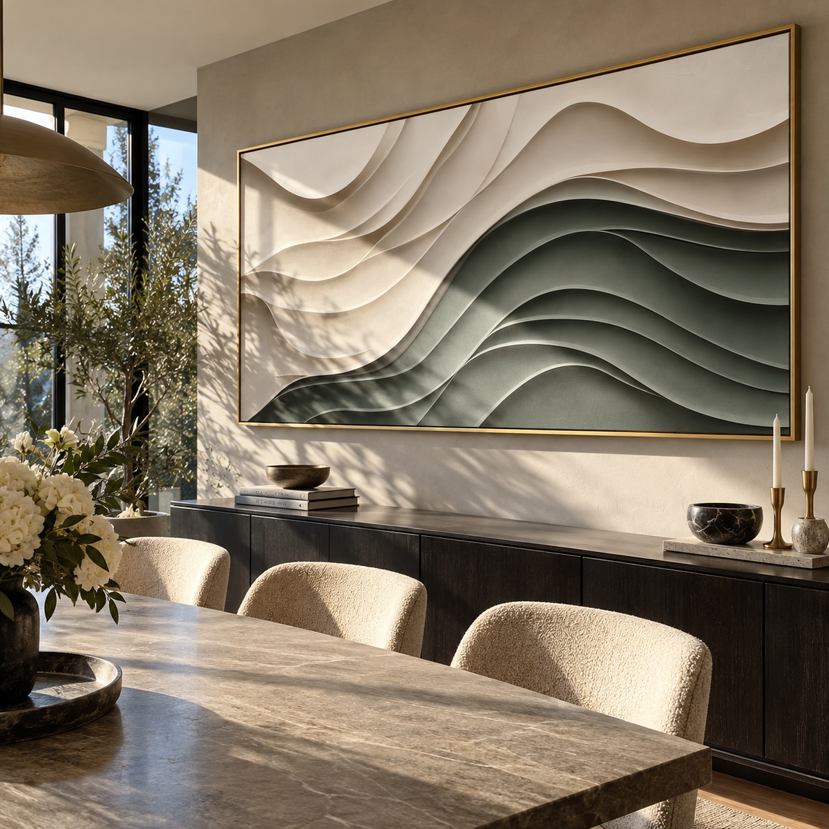 Pale Dunes in Shadow ivory sage layered wave painting displayed in a styled interior