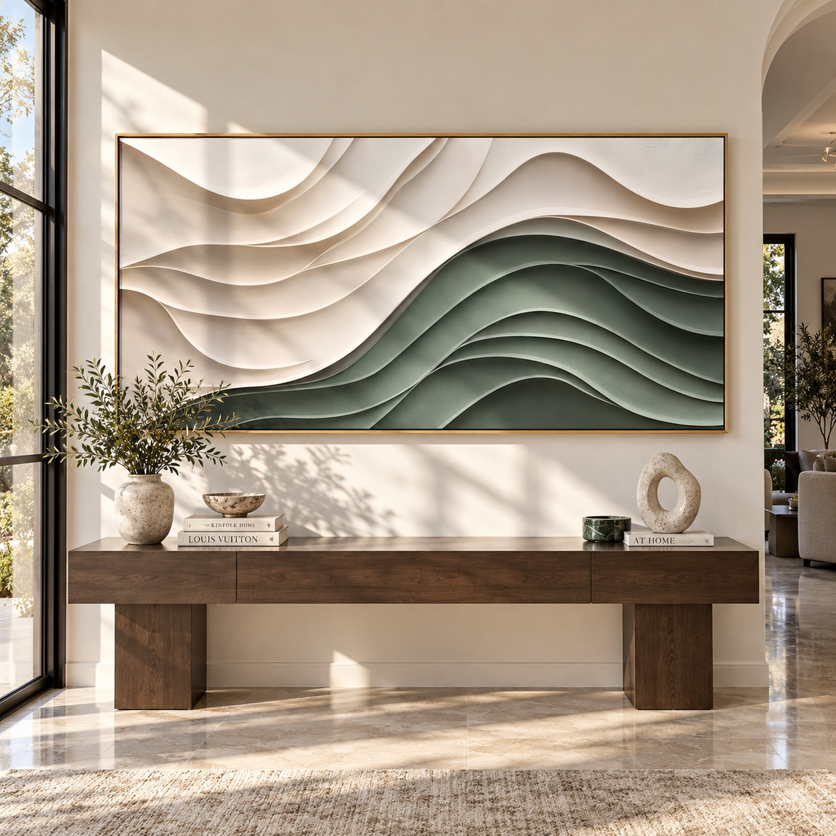 Pale Dunes in Shadow artwork shown with modern interior materials