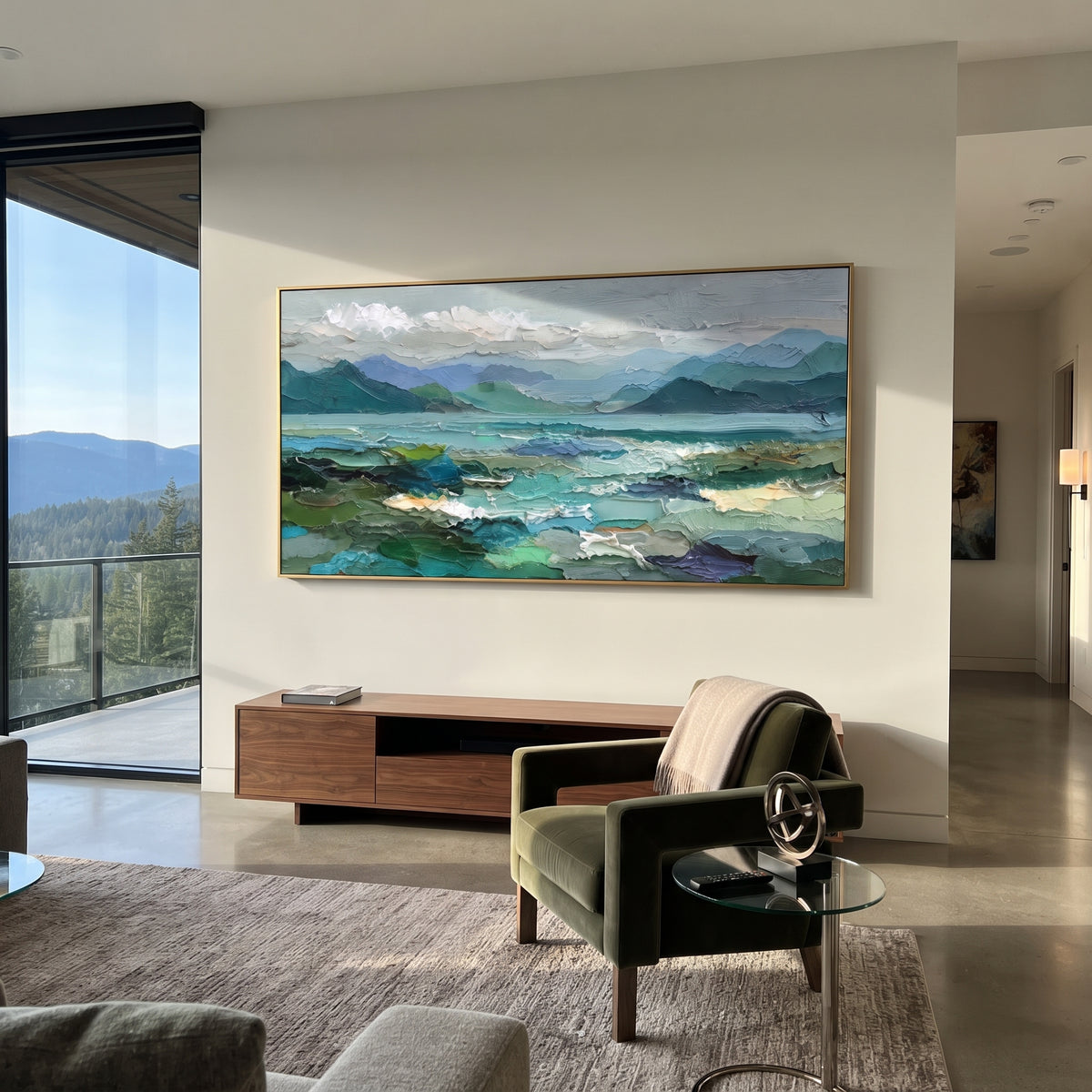 Blue Valley Opens Wide textured wall art shown in a contemporary room setting