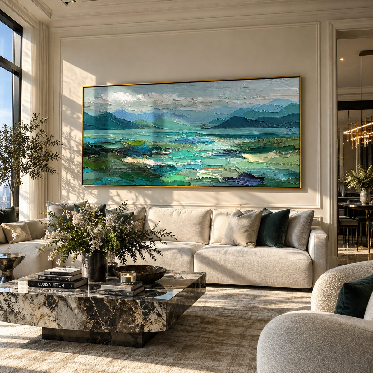 Blue Valley Opens Wide artwork shown with modern interior materials