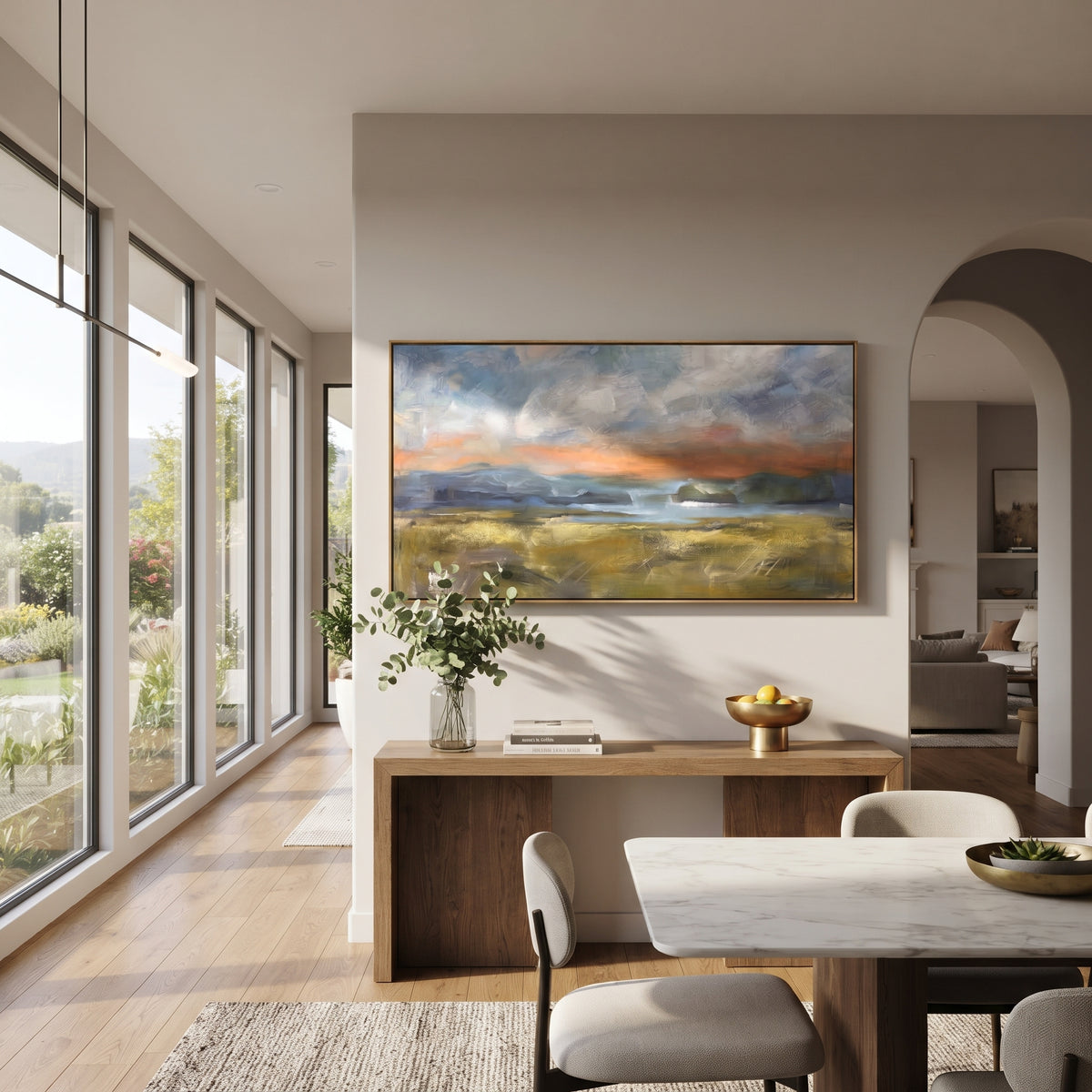 Evening Settles on Fields muted sunset landscape painting displayed in a styled interior