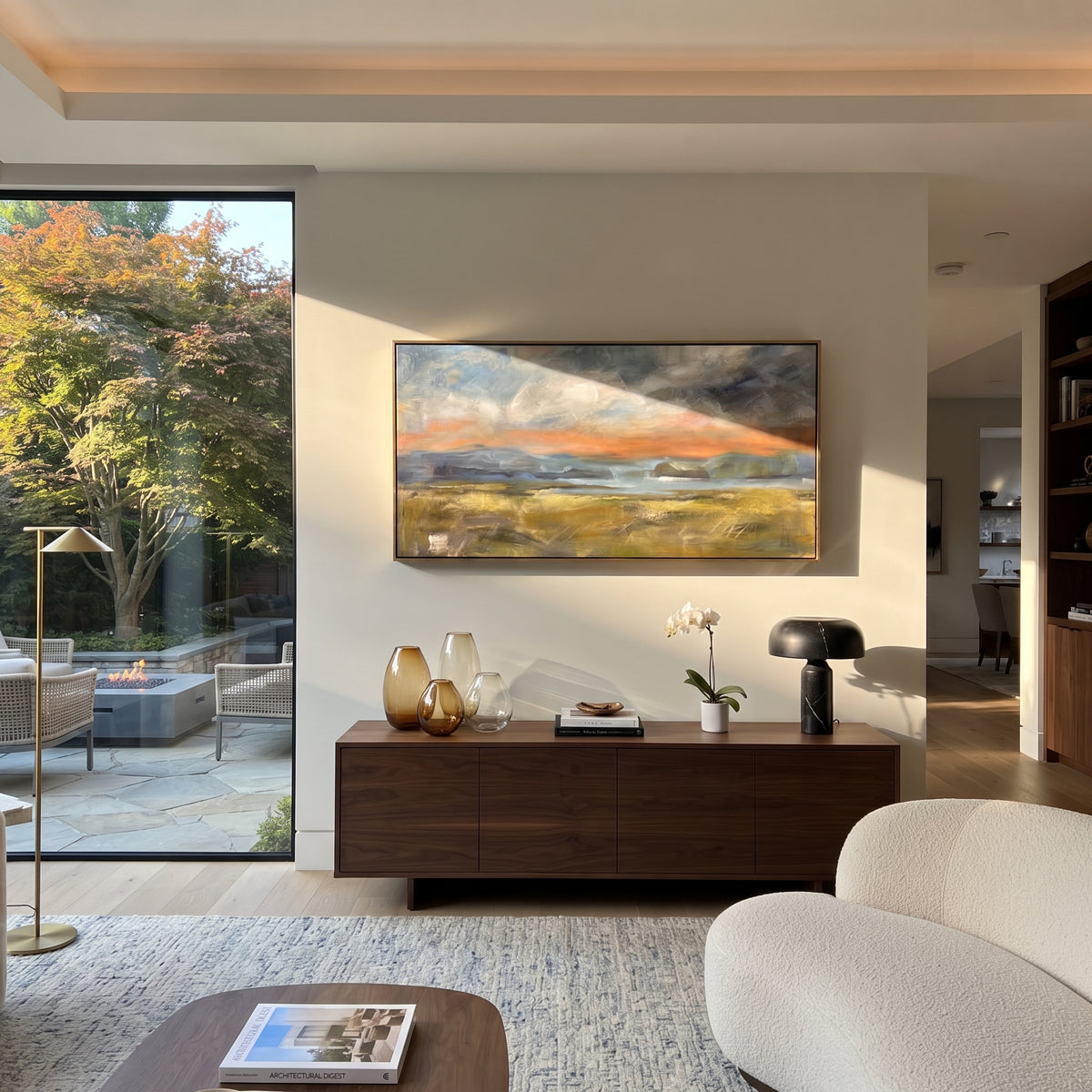 Evening Settles on Fields textured wall art shown in a contemporary room setting