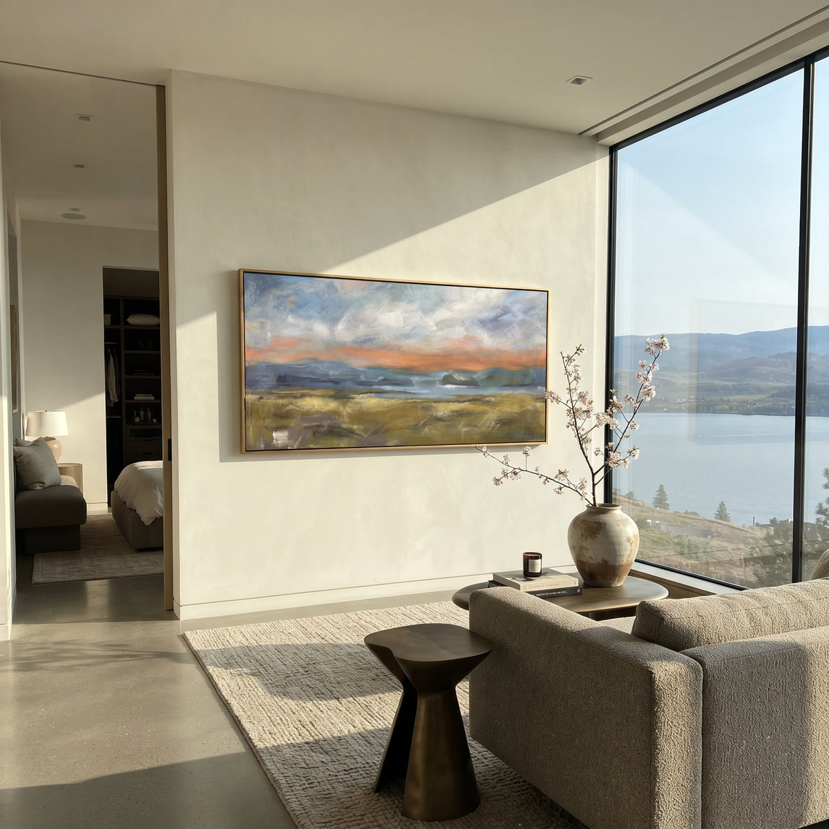 Evening Settles on Fields artwork shown with modern interior materials