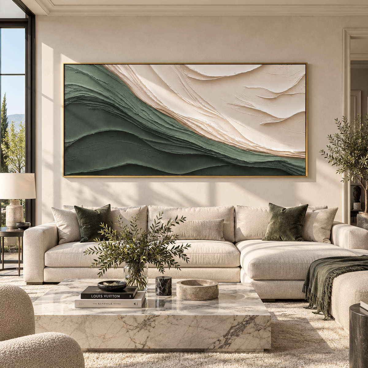 Green Slope Meets Ivory green ivory diagonal relief painting displayed in a styled interior