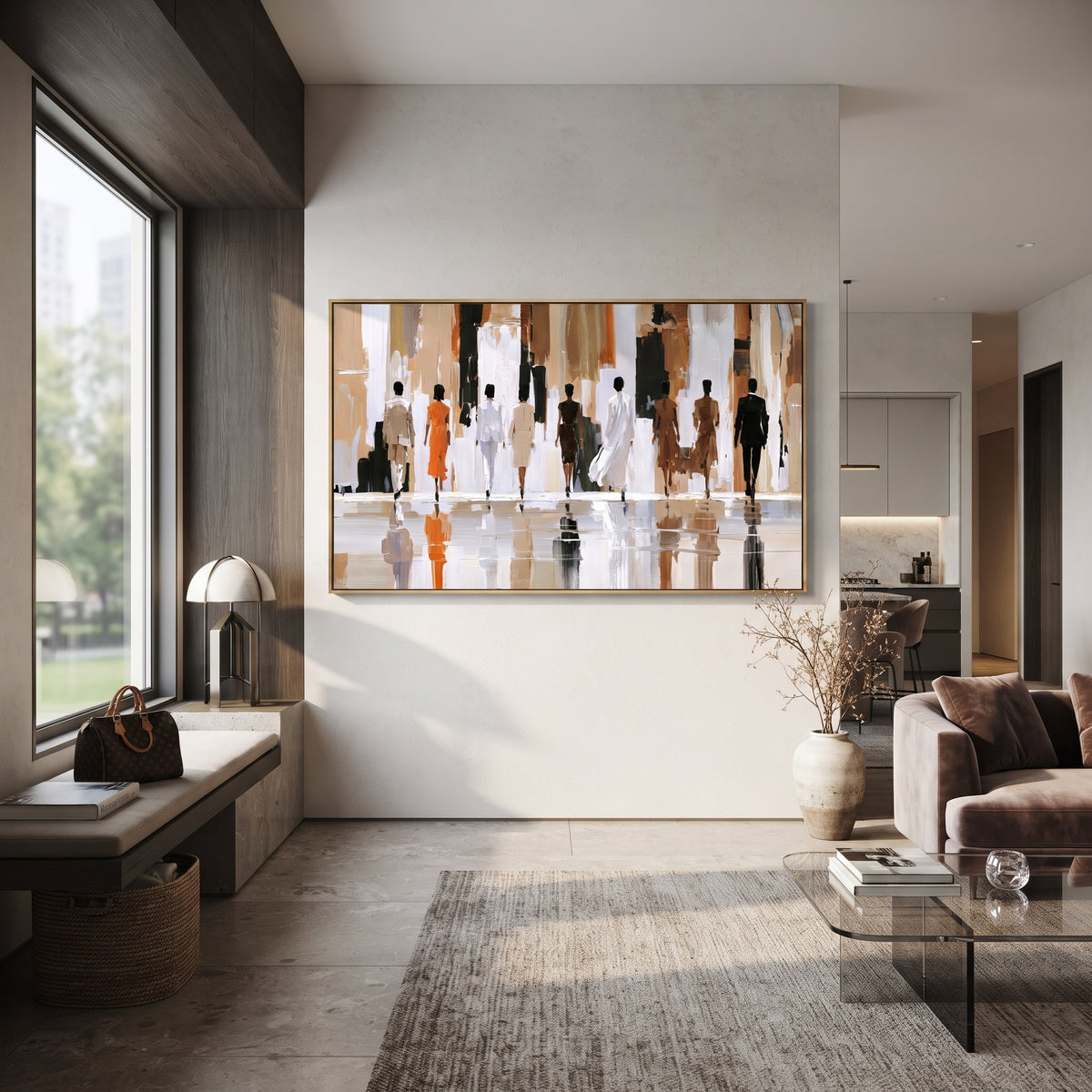 Figures in Passing Light horizontal painting displayed as a room focal point