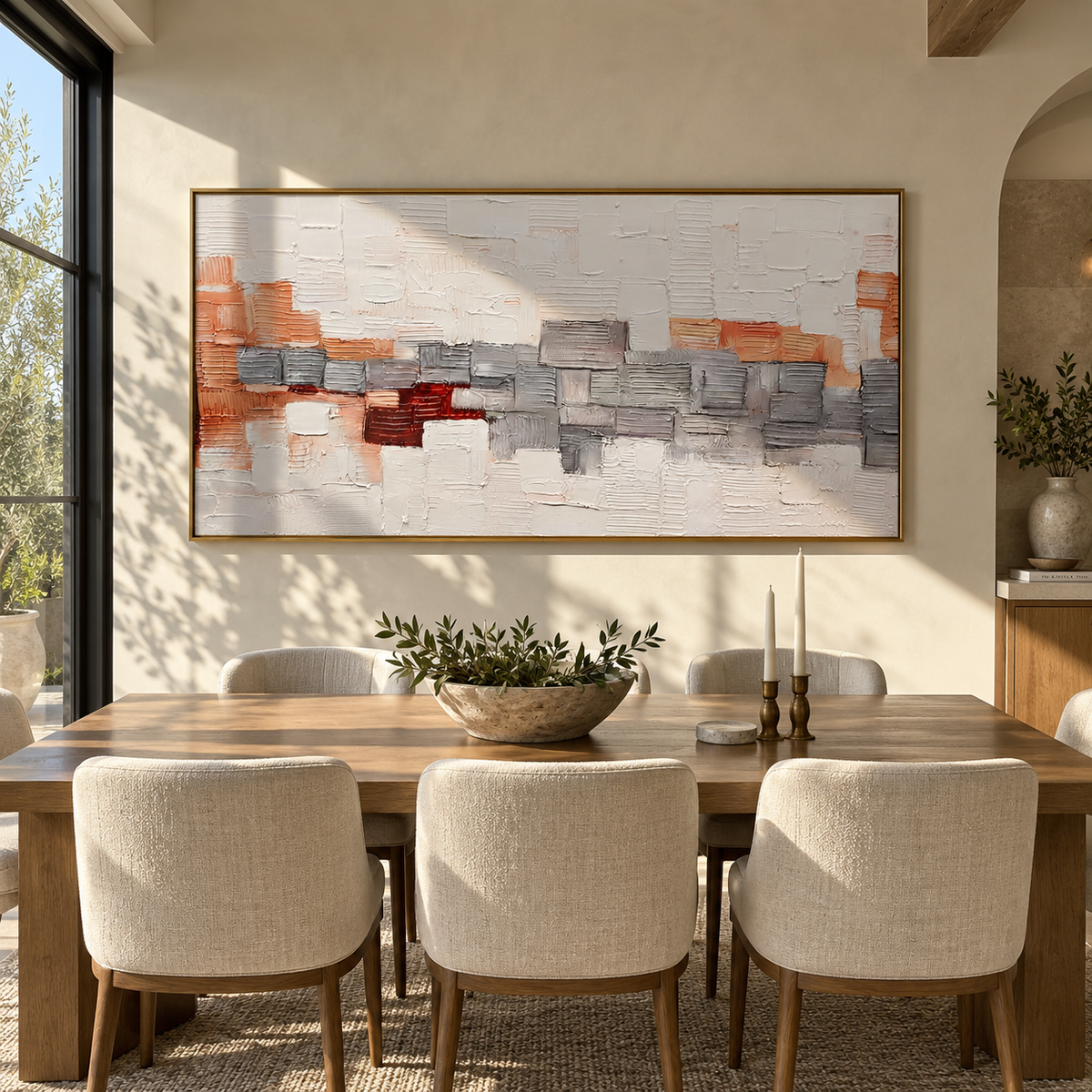 Ember Blocks in Silence white orange geometric relief painting displayed in a styled interior