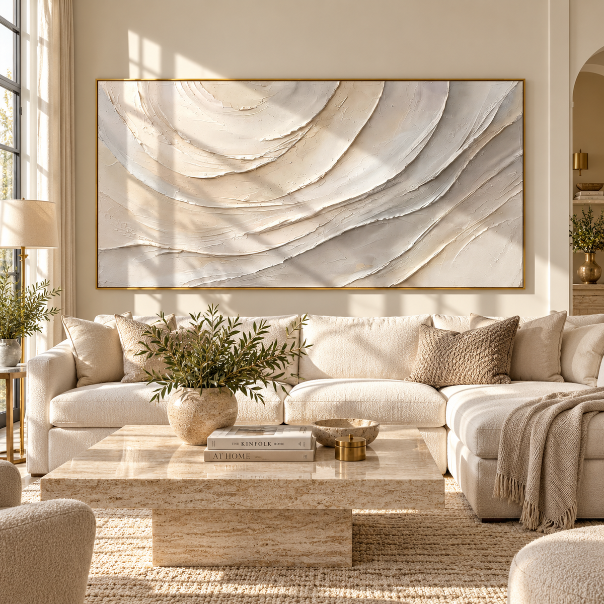 Ivory Tides Gather ivory minimalist layered relief painting displayed in a styled interior
