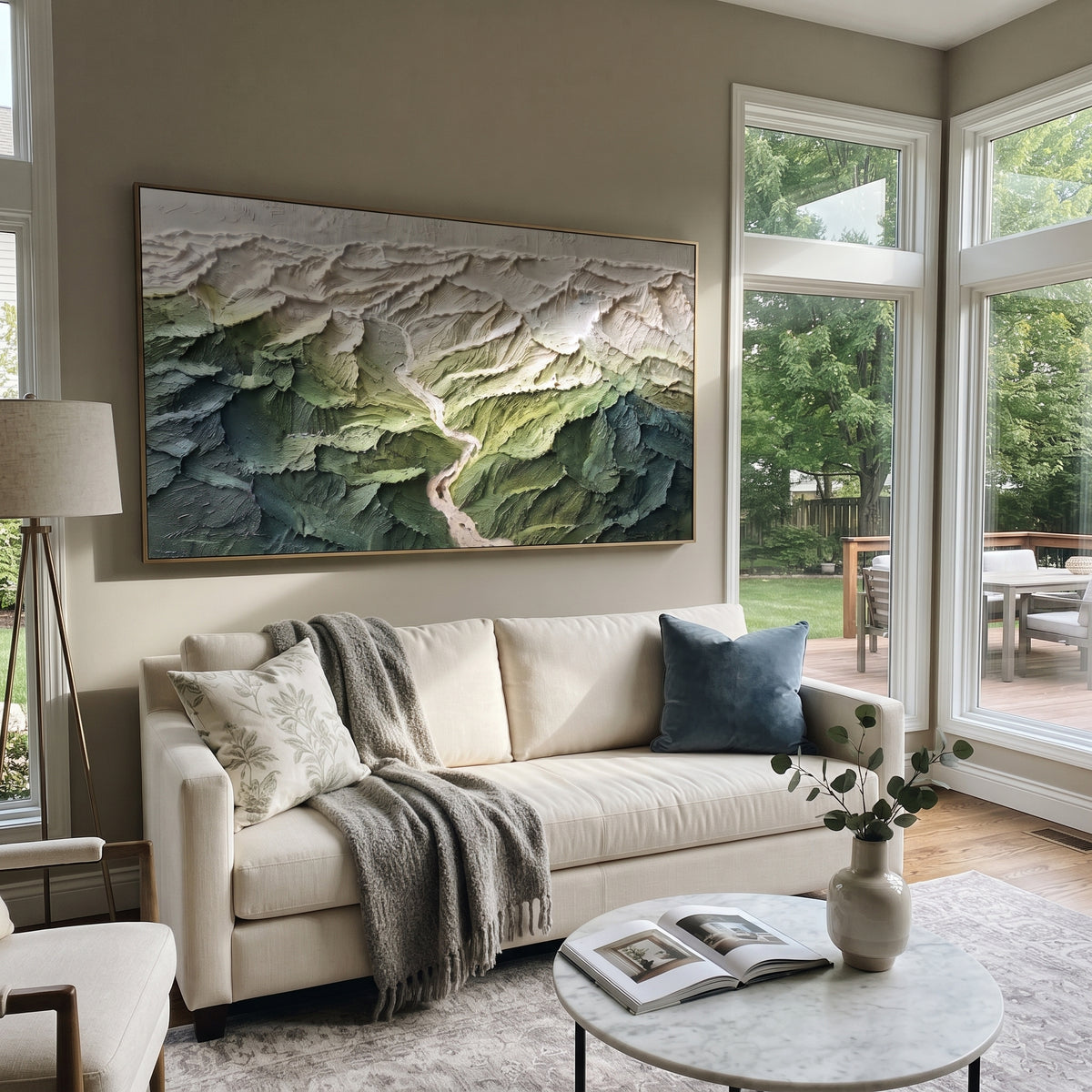 Valley Carved in Green textured wall art shown in a contemporary room setting