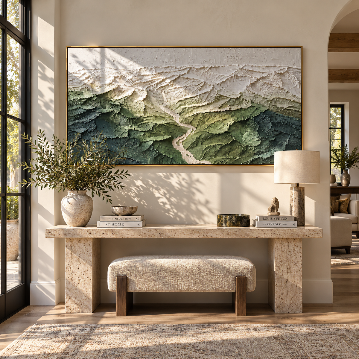 Valley Carved in Green horizontal painting displayed as a room focal point