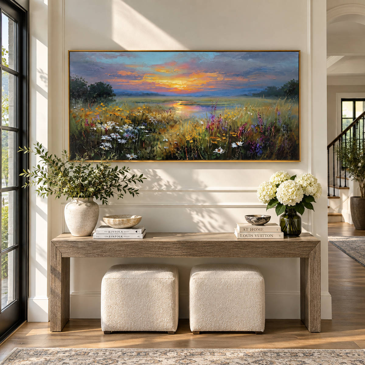 Wildflowers Under Sunset sunset wildflower meadow painting displayed in a styled interior